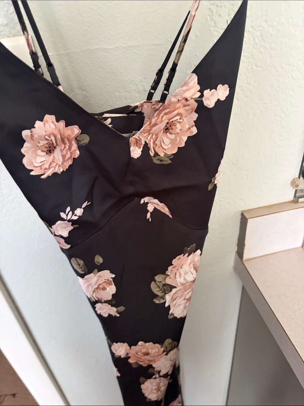Abercrombie & Fitch Black Midi Slip Dress with Blush Floral Print